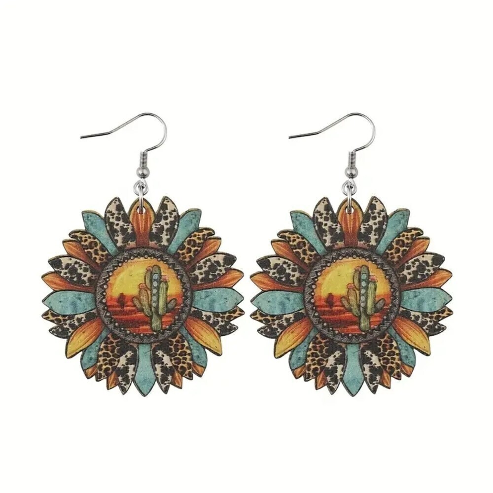 New - Southwest Sunflower Shaped Wooden Earrings